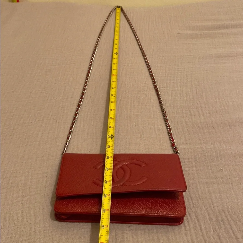 CHANEL Red Crossbody Bag with Silver Chain Strap. Wallet on chain.